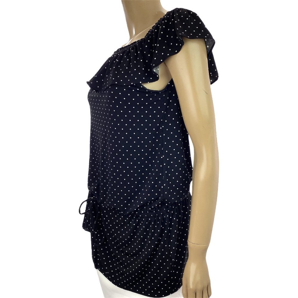 White House/Black Market Blouse Size S Black w/White Dots Cap Sleeve - Picture 5 of 6
